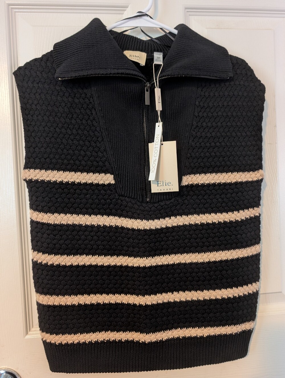 S/P Elie. Tahari Black Zip-Up Sweater with Cream Stripes JETB08